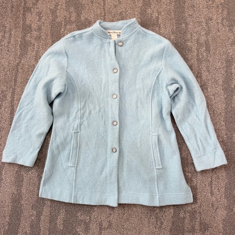 Vintage Norm Thompson Light Blue Boiled 100% Wool Jacket - Size L Pockets Button